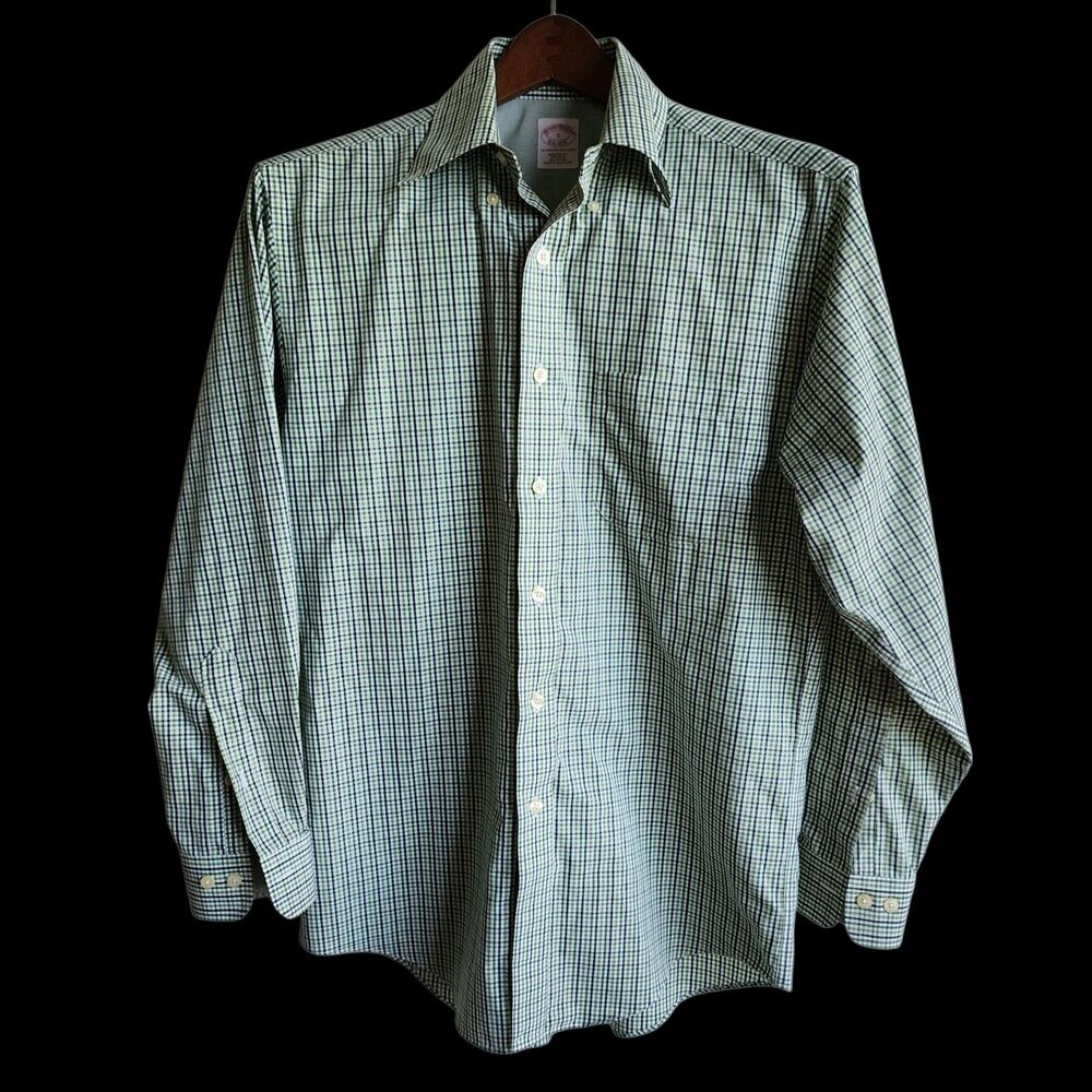 Brooks Brothers Men's Small S Regular Fit Non-Iron Green Black Plaid Dress Shirt